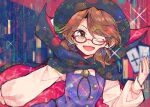  1girl black_cloak black_headwear brown_eyes brown_hair card cloak glasses hat holding holding_card itomugi-kun long_sleeves one_eye_closed open_mouth plaid plaid_vest purple_vest red-framed_eyewear red_cloak semi-rimless_eyewear shirt short_hair smile solo touhou under-rim_eyewear upper_body usami_sumireko vest white_shirt 