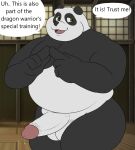  4_fingers anthro bear bodily_fluids camp14 chubby_anthro chubby_male dialogue dojo dreamworks erection fingers genital_fluids giant_panda green_eyes hi_res kung_fu_panda looking_aside male mammal master_po_ping precum solo 