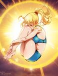  1girl bare_arms bare_legs barefoot blonde_hair blue_sports_bra blush breasts closed_eyes crop_top english_commentary feet fetal_position folded full_body gameplay_mechanics high_ponytail highres knees_up legs legs_together long_hair medium_breasts metroid mina_cream samus_aran short_shorts shorts solo sports_bra super_metroid thighs toenails toes 