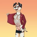  anthro background_character canid canid_demon canine canis clothed clothing dalmatian demon domestic_dog fishnet fishnet_clothing fishnet_topwear gynomorph hellhound helluva_boss hi_res intersex licking licking_lips mammal opening_jacket partially_clothed red_clothing solo tongue tongue_out topwear underwear underwear_down yuzu_zuzu 