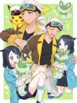  1boy 1girl :d belt belt_buckle black_hair black_shirt black_shorts border brown_belt brown_jacket buckle captain_pikachu commentary_request friede_(pokemon) goggles goggles_on_head green_background hair_ornament hairclip heart highres holding holding_pokemon jacket knees liko_(pokemon) mochi_(mocchi_p_2m) open_mouth pants pikachu pokemon pokemon_(anime) pokemon_(creature) pokemon_horizons shirt shoes shorts smile socks sparkle sprigatito white_border white_footwear white_hair white_socks yellow_eyes 