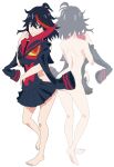  :3 absurdres ass barefoot black_hair blue_eyes butt_crack enzeru highres kill_la_kill looking_to_the_side matoi_ryuuko multicolored_clothes multicolored_hair nude rear-view_mirror red_hair senketsu short_hair shoulder_blades smile uniform 