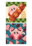  absurdres animal_ears apollo_chocolate blue_background blush_stickers cat_ears cat_tail checkered_background chocolate closed_mouth dango eating food highres kirby kirby_(series) looking_at_viewer miclot mitarashi_dango no_humans open_mouth paw_print pink_footwear shoes sparkling_eyes tail wagashi 