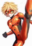  1boy adrien_agreste blonde_hair bodysuit cosplay domino_mask earrings green_eyes highres hm89509321 jewelry ladybug_(character) ladybug_(character)_(cosplay) mask miraculous_ladybug polka_dot short_hair smile solo spread_legs teeth 