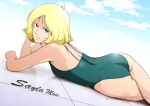  1girl aqua_one-piece_swimsuit ass blonde_hair blue_eyes breasts cloud gundam looking_at_viewer mobile_suit_gundam moemaru_miyako one-piece_swimsuit sayla_mass short_hair smile solo swimsuit 