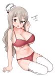  1girl absurdres bikini breasts brown_eyes cleavage full_body grey_hair hair_between_eyes hat highres kantai_collection large_breasts maru_(marg0613) mini_hat one-hour_drawing_challenge pola_(kancolle) red_bikini simple_background solo swimsuit thick_eyebrows thighhighs tilted_headwear wavy_hair white_background white_headwear white_thighhighs 