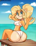  4_fingers absurd_res activision anthro artist_name bandicoot beach big_butt blonde_hair breasts butt coco_bandicoot crash_bandicoot_(series) cute_fangs fangs female fingers fur gesture green_eyes hair hi_res looking_at_viewer looking_back mammal marsupial orange_body orange_fur patreon ponytail seaside solo summer tan_body tan_fur teeth text thick_thighs two_piece_swimsuit url water waving wide_hips zr_furious 
