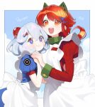  2girls abbystea apron blue_hair height_difference holding_hands juliet_sleeves long_sleeves maid maid_apron multiple_girls original people&#039;s_republic_of_china_flag puffy_short_sleeves puffy_sleeves red_eyes red_hair russian_flag short_sleeves smile star-shaped_pupils star_(symbol) symbol-shaped_pupils white_apron 