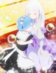  absurdres bad_link blue_eyes blue_hair dress emilia_(re:zero) frilled_sleeves frills hair_ornament hair_over_one_eye hair_ribbon highres maid re re:zero_kara_hajimeru_isekai_seikatsu rem_(re:zero) ribbon roswaal_mansion_maid_uniform short_hair x_hair_ornament 