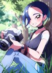  1girl absurdres bare_shoulders black_choker blue_hair bob_cut breasts brown_eyes camera choker collarbone crop_top denim grey_shirt grey_sports_bra highres holding holding_camera loose_hair_strand medium_breasts midriff perrin_(pokemon) pokemon pokemon_(game) pokemon_sv pon_yui ribbed_shirt shirt sleeveless sleeveless_shirt solo sports_bra undershirt v-neck watch wristwatch 