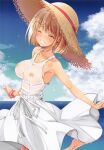  1girl absurdres blonde_hair blush breasts closed_eyes collarbone dress grin hat highres izumi_mahiru large_breasts lycoris_recoil nipples nishikigi_chisato no_bra non-web_source ocean outdoors see-through short_hair sky sleeveless smile solo straw_hat wet wet_clothes white_dress 