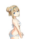  bikini blue_eyes blue_hairband breasts commentary frilled_bikini frills girls&#039;_frontline hair_bun hair_intakes hair_ornament hairband highres light_brown_hair medium_breasts shin_(shincrz) single_side_bun snowflake_hair_ornament suomi_(girls&#039;_frontline) swimsuit white_bikini 