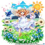  1girl :d alternate_costume basket blue_eyes blue_flower blue_sky cloud copyright_name dress fangs flower full_body game_cg grass headdress holding holding_basket looking_at_viewer mountain open_mouth orange_hair outdoors outstretched_arms rotte_(1109) short_hair sky smile solo sun sunflower sunny_milk sunny_milk_(white_sun_fairy) third-party_source touhou touhou_lost_word two_side_up white_dress white_flower wings 