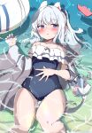  1girl absurdres animal_ears bare_legs bare_shoulders black_one-piece_swimsuit blue_archive blue_eyes blush cellphone collarbone fake_animal_ears feet_out_of_frame frilled_one-piece_swimsuit frills grey_hair highres long_hair lying lying_on_water miyako_(blue_archive) miyako_(swimsuit)_(blue_archive) natsukari_na official_alternate_costume on_back one-piece_swimsuit open_mouth phone rabbit_ears smartphone solo swimsuit water 