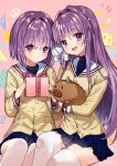  2girls :d absurdres animal artist_name blue_skirt blush botan_(clannad) box clannad closed_mouth commentary_request cowboy_shot curvy dango_daikazoku eyelashes fujibayashi_kyou fujibayashi_ryou gift gift_box hair_intakes hair_ribbon heads_together highres holding holding_animal holding_gift jacket long_hair long_sleeves looking_at_viewer medium_hair miniskirt multiple_girls open_mouth pink_background pleated_skirt purple_eyes purple_hair ribbon sailor_collar school_uniform siblings side-by-side simple_background sisters sitting skirt smile straight_hair thighhighs twins very_long_hair white_ribbon white_sailor_collar white_thighhighs wumumu yellow_jacket zettai_ryouiki 