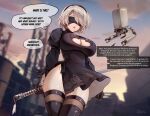  1girl black_blindfold black_dress black_gloves black_hairband blindfold breasts clothing_cutout dress english_text foxyreine gloves hairband holding holding_sword holding_weapon leotard long_sleeves mole mole_under_mouth nier:automata nier_(series) puffy_sleeves short_hair solo sword thighhighs weapon white_hair yorha_no._2_type_b 