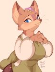  anthro blue_eyes breasts brown_body brown_fur canid canine claws clothed clothing female finger_claws fox fully_clothed fur hi_res looking_at_viewer mammal simple_background solo tohupo whiskers 