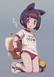  1girl animal_ears ball black_hair brown_eyes buruma fox_ears fox_girl fox_tail gym_uniform hairband kneehighs kneeling kukuri_(mawaru) mawaru_(mawaru) multiple_tails name_tag open_mouth original red_buruma shirt shoes short_hair short_sleeves socks solo tail thighs white_footwear white_shirt wristband 