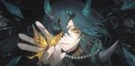  1boy genshin_impact green_hair green_horns highres horns jewelry kkamiiz male_focus mask necklace open_mouth pearl_necklace portrait reaching_towards_viewer short_hair shoulder_spikes solo spikes xiao_(genshin_impact) yellow_eyes 