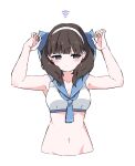  1girl absurdres alternate_costume blush breasts brown_hair cleavage collarbone cropped_torso earrings hairband heart heart_earrings highres idolmaster idolmaster_cinderella_girls jewelry medium_breasts navel pure_556 sailor_bikini sailor_collar sakuma_mayu solo stomach upper_body white_hairband wifi_symbol 