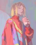  1boy 96yottea absurdres blonde_hair blue_nails brown_eyes can coca-cola drink drinking drinking_straw expressionless gradient_background gradient_hair haikyuu!! highres holding holding_can kozume_kenma long_sleeves looking_at_viewer male_focus medium_hair multicolored_hair multicolored_sweater nail_polish parted_bangs red_sweater sidelocks simple_background solo sweater two-tone_hair upper_body 