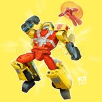  2022 airborne artist_name autobot blue_eyes clenched_hands full_body hot_shot_(transformers) jolt_(transformers) mecha no_humans open_mouth pandacron robot smile transformers transformers_armada watermark yellow_background 