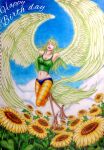  1girl 305cm absurdres bird_legs bird_tail blue_sky closed_eyes clothes_writing english_text field flower flower_field green_hair green_tank_top happy_birthday harpy highres long_hair monet_(one_piece) monster_girl navel one_piece open_mouth pantyhose sky smile sunflower tail tank_top traditional_media winged_arms wings yellow_pantyhose 