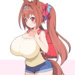  1girl animal_ears backpack bag bare_arms blue_shorts bow breasts brown_hair camisole cleavage closed_mouth collarbone cowboy_shot daiwa_scarlet_(umamusume) denim denim_shorts fang from_side hair_between_eyes hair_bow hair_intakes hair_ornament hands_up highres horse_ears horse_girl horse_tail huge_breasts impossible_clothes light_blush long_hair looking_at_viewer looking_to_the_side randoseru red_bow red_eyes shirogane_hakuba short_shorts shorts simple_background smile solo tail tiara twintails umamusume white_background yellow_camisole 