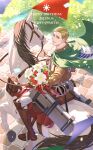  1boy blonde_hair blue_eyes boots bouquet confetti erwin_smith from_above full_body happy_birthday highres holding holding_bouquet horseback_riding looking_at_viewer looking_up male_focus nayu0222hu riding shingeki_no_kyojin short_hair smile solo thick_eyebrows three-dimensional_maneuver_gear 