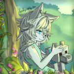  1:1 anthro blue_eyes canid canine canis clothed clothing detailed_background digital_drawing_(artwork) digital_media_(artwork) duo forest forest_background fur fuzzy grey_body grey_fur hair hi_res inner_ear_fluff kemono lonelywolfyboi lonelywolfyboi_(character) long_hair male mammal microsoft minecraft mojang nature nature_background plant shaded smile tree tuft wolf wolf_(minecraft) xbox_game_studios young 