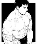  1boy abs artist_name bara chris_redfield closed_mouth greyscale highres kuconoms large_pectorals male_focus monochrome muscular muscular_male navel nipples open_clothes open_shirt pants pectorals resident_evil short_hair solo 