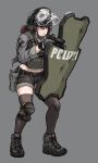  1girl absurdres armor battle_damage belt black_thighhighs blue_eyes brown_hair bulletproof_vest ear_piercing earmuffs earphones epakim gloves gun hair_between_eyes hand_on_own_hip handgun helmet highres holding holding_gun holding_weapon holster magazine_(weapon) microphone original piercing plate_carrier ponytail riot_shield shield shorts solo submachine_gun sweatdrop termichan_(not-a-bot) thighhighs visor_(armor) watch weapon wristwatch 