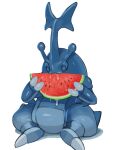  animal_focus claws closed_eyes eating food fruit heracross highres holding holding_food holding_fruit horns no_humans pokemon pokemon_(creature) simple_background single_horn sitting solo tesshii_(riza4828) watermelon watermelon_slice white_background 