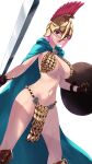  1girl armor bikini_armor breasts brown_gloves buckler cait_aron cape commentary gloves helmet highres holding holding_shield holding_sword holding_weapon hood hood_down hooded_cape large_breasts looking_at_viewer navel one_piece open_mouth pelvic_curtain pink_hair rebecca_(one_piece) shield sidelocks simple_background solo sword teeth thighs upper_teeth_only weapon white_background 