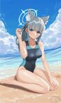  1girl absurdres animal_ear_fluff animal_ears barefoot beach black_one-piece_swimsuit blue_archive blue_eyes blue_sky breasts cloud competition_swimsuit covered_navel cross_hair_ornament day extra_ears grey_hair hair_ornament halo highres looking_at_viewer low_ponytail medium_breasts medium_hair mismatched_pupils multicolored_clothes multicolored_swimsuit official_alternate_costume one-piece_swimsuit outdoors shiroko_(blue_archive) shiroko_(swimsuit)_(blue_archive) sitting sky solo swimsuit wariza wei_sa wolf_ears 