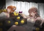  2girls :3 alcohol bare_arms bare_shoulders bath black_ribbon blunt_bangs blush breasts brown_eyes cleavage closed_eyes closed_mouth collarbone commentary_request cup curvy drinking_glass eyelashes floating_hair food fruit fruit_on_liquid hair_between_eyes hair_over_shoulder hair_ribbon hair_spread_out hand_up highres holding holding_cup large_breasts leaning_back light_brown_hair long_hair looking_at_viewer multiple_girls naked_towel onsen ootori_chihaya orange_hair partially_submerged perspective relaxing rewrite ribbon senri_akane sidelocks sitting smile snowing steam tagame_(tagamecat) towel very_long_hair wine wine_glass wing_hair_ornament winter yuzu_(fruit) 