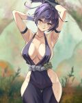  1girl :q arm_strap armpits arms_up bandages blurry blurry_background breasts bush collarbone duchessofarmeria hair_intakes highres hip_vent japanese_clothes jigokuraku large_breasts looking_at_viewer ninja plunging_neckline ponytail purple_hair red_eyes sash solo sweat thigh_gap tongue tongue_out yuzuriha_(jigokuraku) 