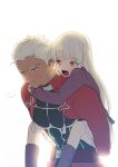  1boy 1girl archer_(fate) blush boots carrying carrying_person dark-skinned_male dark_skin fate/stay_night fate_(series) grey_eyes highres illyasviel_von_einzbern long_hair momoka_(abc_momoka0718) open_mouth piggyback purple_footwear purple_shirt red_eyes shirt simple_background skirt smile white_background white_hair white_skirt 