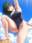  1boy 1girl armpits blonde_hair blue_one-piece_swimsuit breasts cameltoe cleavage cloud cloudy_sky collarbone covered_navel covered_nipples dark_green_hair feet foot_on_head fubuki_(one-punch_man) genos green_eyes head_tilt highleg highres large_breasts linea_alba navel one-piece_swimsuit one-punch_man school_swimsuit short_hair sky solo_focus studiotagata swimsuit thighs wet 