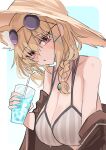  1girl absurdres animal_ear_fluff animal_ears arknights bare_shoulders bikini blonde_hair blue_nails braid breasts cleavage commentary crazy_straw cup drinking_straw eyewear_on_head hair_ornament hat heart_straw highres holding holding_cup large_breasts official_alternate_costume red_eyes shino_duka solo striped striped_bikini sun_hat sunglasses sweat swimsuit utage_(arknights) utage_(summer_flowers)_(arknights) x_hair_ornament 