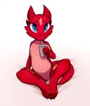  anthro belly beverage blue_eyes drinking female genitals hi_res kobold looking_at_viewer pussy red_body simple_background slowderpyguy solo spread_legs spreading 