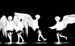  4boys arms_behind_back child covered_eyes facing_another facing_viewer feathered_wings floating from_side glowing greyscale highres kneehighs korean_commentary light_particles long_sleeves monochrome multiple_boys open_mouth original out_of_frame outstretched_arm profile puffy_long_sleeves puffy_sleeves reaching sae_sae shorts simple_background smile socks walking wings 