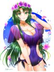  1girl absurdres adjusting_hair alternate_costume breasts bubble cecilia_(fire_emblem) cleavage clothing_cutout collar collarbone covered_navel cropped_legs fire_emblem fire_emblem:_the_binding_blade green_eyes green_hair grin hand_in_own_hair highres large_breasts long_hair looking_at_viewer one-piece_swimsuit purple_one-piece_swimsuit side_cutout smile solo swimsuit tsukimura_(d24f4z8j3t) twitter_username very_long_hair white_background 