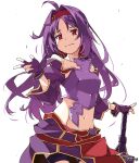  1girl armor covered_navel cowboy_shot detached_sleeves embarrassed english_text fingerless_gloves fingernails gloves groin hair_intakes hairband happy_birthday highres light_blush long_fingernails long_hair looking_at_another mixed-language_commentary planted purple_gloves purple_hair red_eyes red_hairband shikei smile solo sword sword_art_online thigh_strap v weapon white_background yuuki_(sao) 