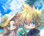  1boy 1girl :3 aerith_gainsborough arestear0701 beach bikini bird black_sailor_collar blonde_hair blue_eyes blush bracelet brown_hair chibi cloud_strife final_fantasy final_fantasy_vii final_fantasy_vii_ever_crisis food fruit green_eyes hair_between_eyes hat highres holding holding_food holding_fruit jewelry lace long_hair looking_at_viewer ocean official_alternate_costume outdoors own_hands_clasped own_hands_together palm_tree parted_bangs pink_bikini sailor_collar short_hair sidelocks spiked_hair straw_hat swimsuit tree upper_body watermelon wavy_hair wristband 