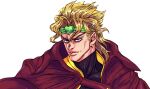  1boy blonde_hair cape dio_brando earrings headband heart-shaped_ornament highres jacket jewelry jojo_no_kimyou_na_bouken male_focus official_style portrait red_eyes ruushii_(lucy_steel6969) simple_background solo stardust_crusaders turtleneck white_background yellow_jacket 