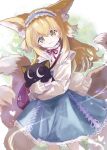  1girl animal_ear_fluff animal_ears arknights bag black_cat blonde_hair blue_hairband blue_skirt brown_bag cardigan cat commentary_request crossover feet_out_of_frame fox_ears fox_girl fox_tail frilled_hairband frills green_eyes hair_ornament hair_scrunchie hairband high-waist_skirt highres kataageteto kitsune kyuubi long_hair long_sleeves luo_xiaohei luo_xiaohei_zhanji multicolored_hair multiple_tails neck_ribbon official_alternate_costume open_cardigan open_clothes puffy_long_sleeves puffy_sleeves red_ribbon ribbon scrunchie shirt shoulder_bag skirt sleeves_past_wrists smile solo stitches suzuran_(arknights) suzuran_(spring_praise)_(arknights) tail two-tone_hair white_hair white_shirt yellow_cardigan 