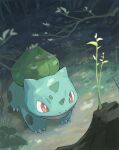  branch bulbasaur fangs highres momota_pix no_humans open_mouth outdoors plant pokemon pokemon_(creature) red_eyes solo sprout tree_stump 