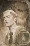  1boy art_of_neight artstation_logo brown_theme coat deviantart_logo greyscale hair_slicked_back highres jaw_titan looking_at_viewer male_focus marley_military_uniform monochrome necktie ornate_border porco_galliard portrait realistic sepia shingeki_no_kyojin sideburns_stubble tiktok_logo titan_(shingeki_no_kyojin) twitch_logo twitter_logo undercut watermark 