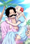  1boy 1girl black_hair blonde_hair blue_dress blush carrying carrying_person closed_eyes dress facial_hair flower freckles gol_d._roger hair_flower hair_ornament hug kiss kissing_cheek long_hair musasabiop mustache one_piece outdoors palm_tree pink_shirt portgas_d._rouge princess_carry shirt short_hair short_sleeves smile stubble teeth tree 